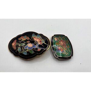 Vintage Cloisonné Belt Buckles Butterfly Black Enamel Colorful Flowers 1 1/2”-2